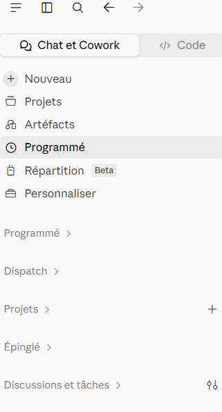L'entrée Programmé du menu latéral, point de départ des tâches programmées Claude Cowork