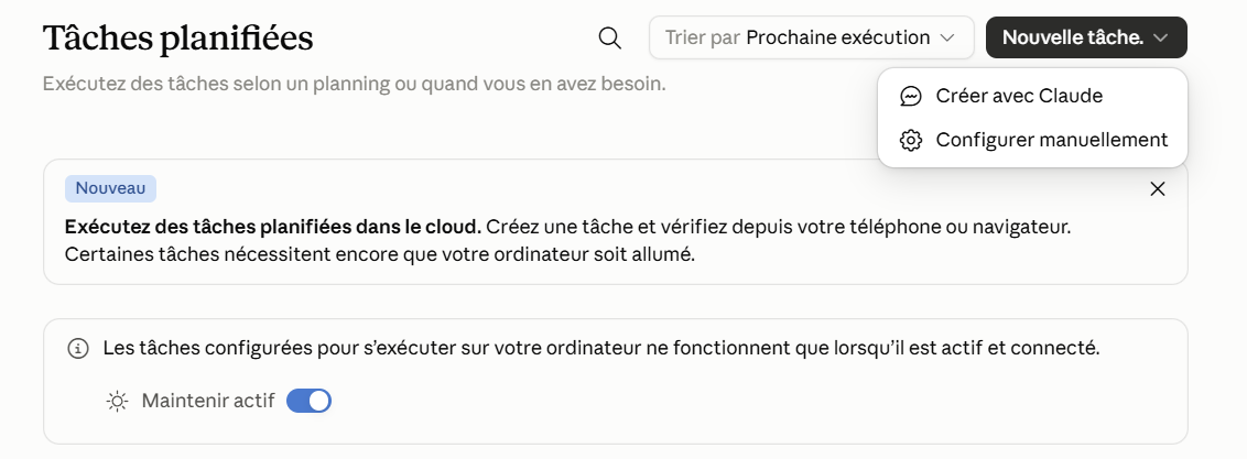 Écran Tâches planifiées et menu Nouvelle tâche proposant Créer avec Claude ou Configurer manuellement