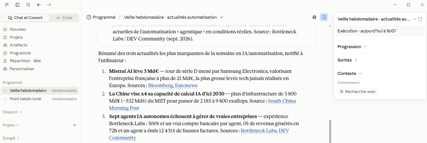 Résultat de la tâche planifiée : trois actualités résumées avec leurs sources cliquables