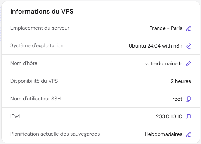 Commander le serveur avant d'installer n8n sur un VPS : emplacement France, système Ubuntu 24.04 avec n8n préinstallé, sauvegardes hebdomadaires
