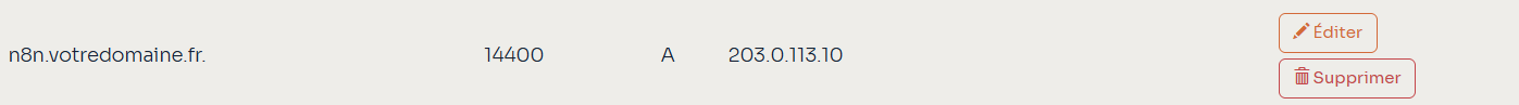 Enregistrement DNS de type A faisant pointer le sous-domaine n8n vers l'adresse IP du serveur, avec un TTL de 14400
