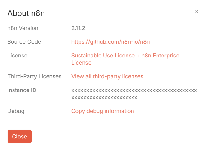 Fenêtre À propos de n8n indiquant la version installée, la licence et le lien vers le code source