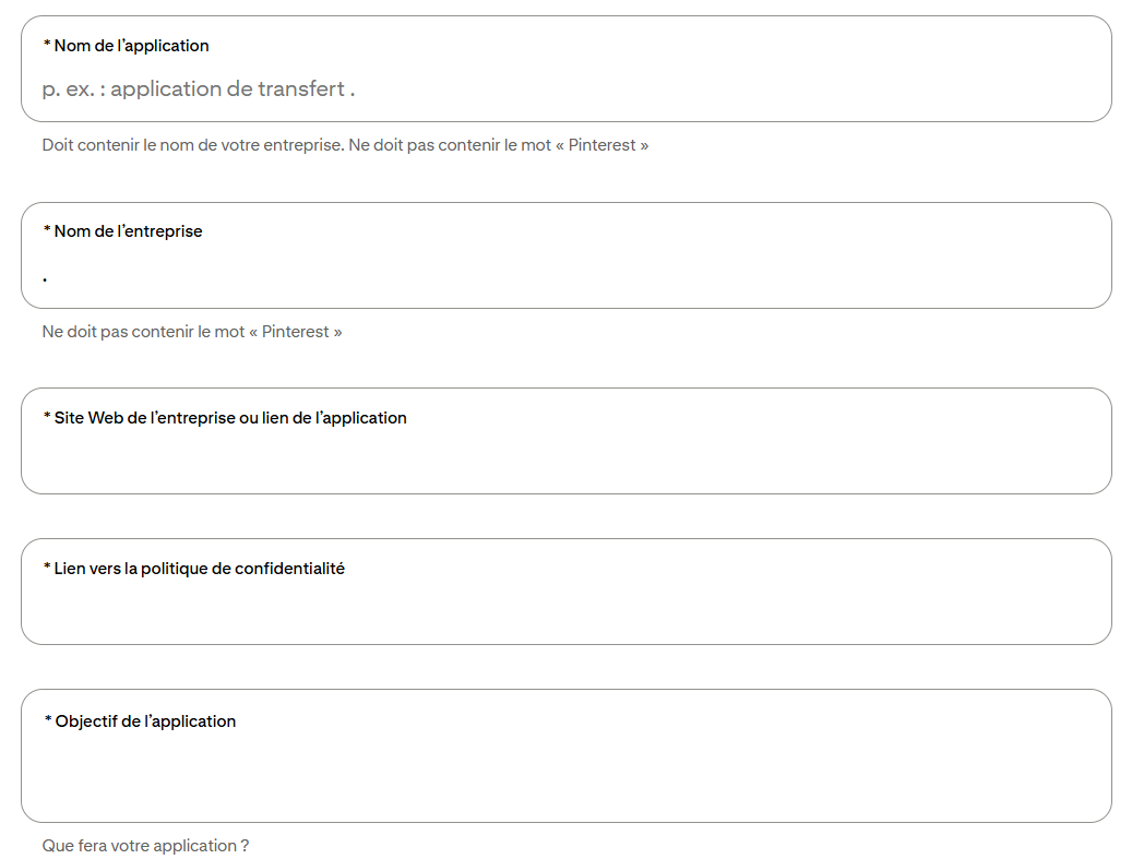 Formulaire de création d'application avec ses cinq champs obligatoires : nom, entreprise, site web, politique de confidentialité et objectif