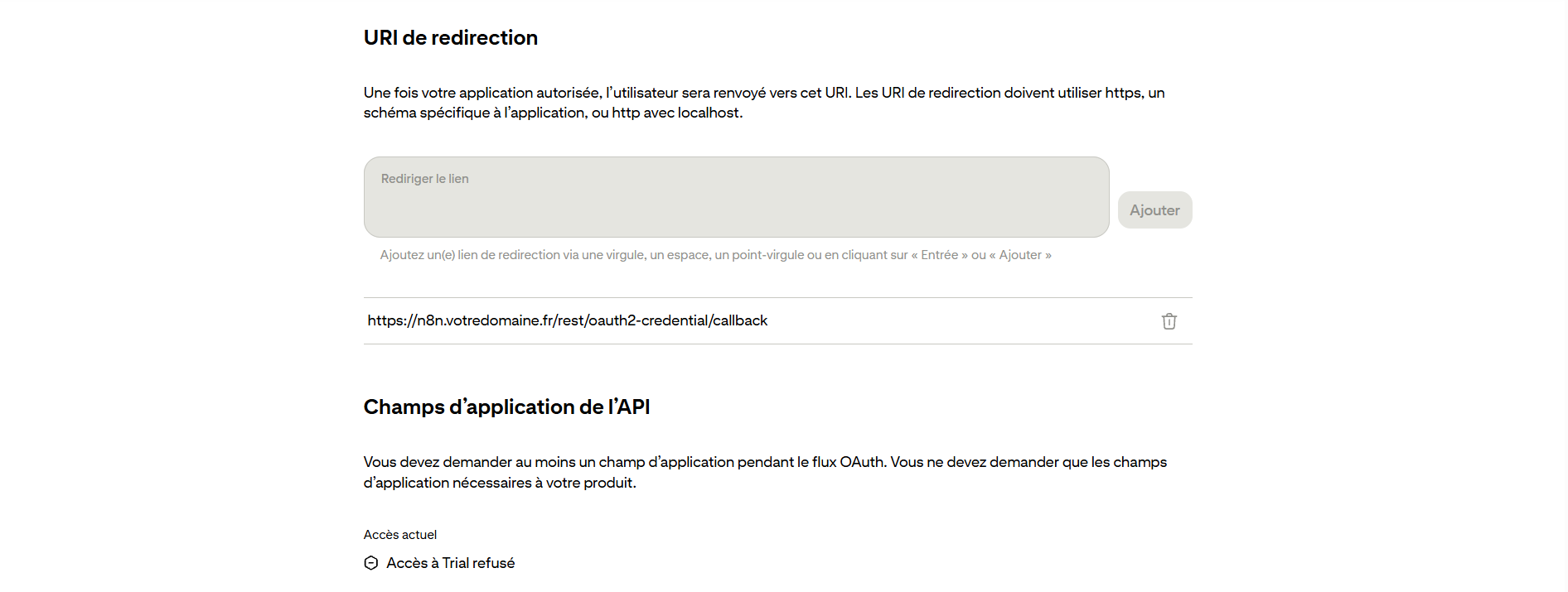 Section URI de redirection avec l'adresse de callback OAuth2 de n8n enregistrée