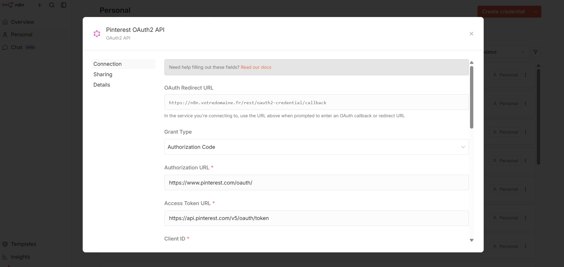 Credential OAuth2 API dans n8n, avec l'OAuth Redirect URL et les URL d'autorisation et de jeton