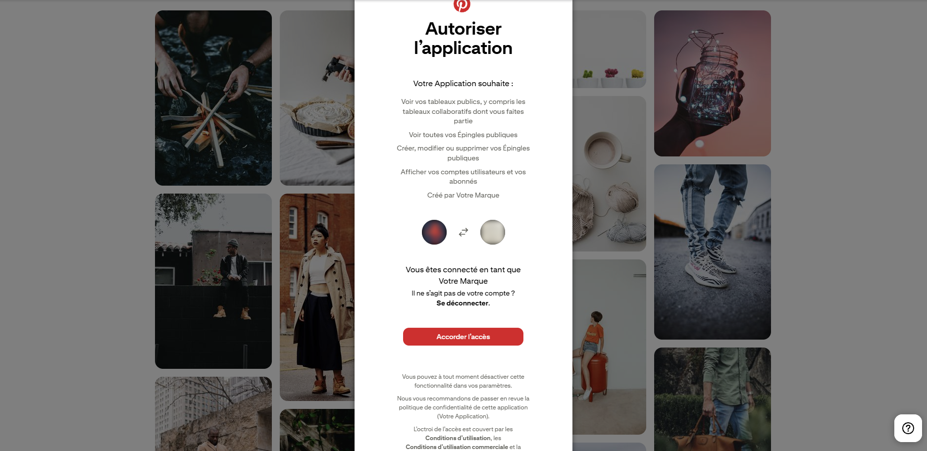 Écran d'autorisation listant les permissions demandées et le bouton Accorder l'accès