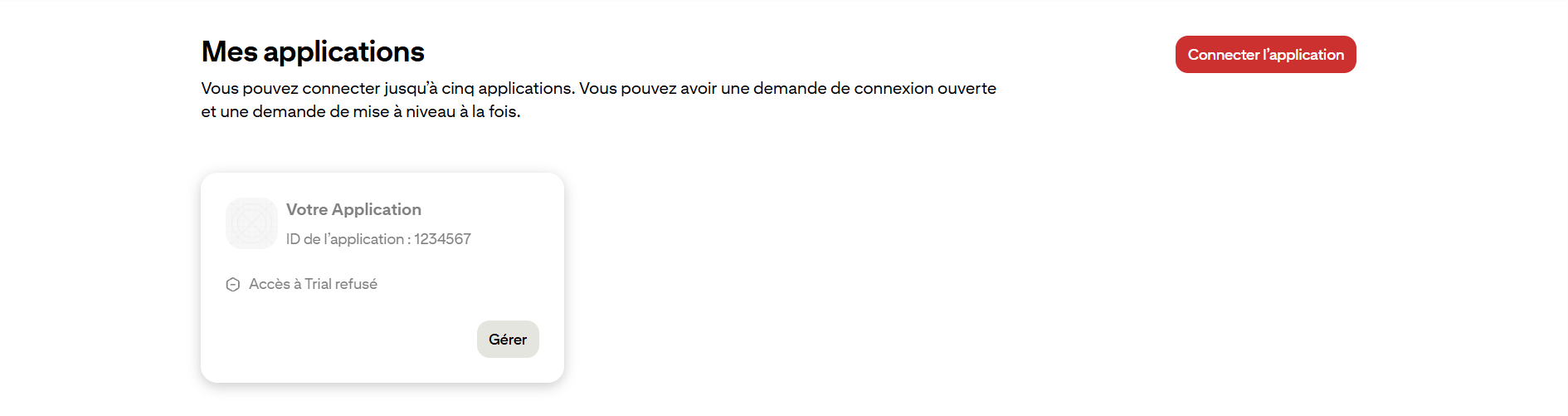 Carte de l'application affichant le statut Accès à Trial refusé
